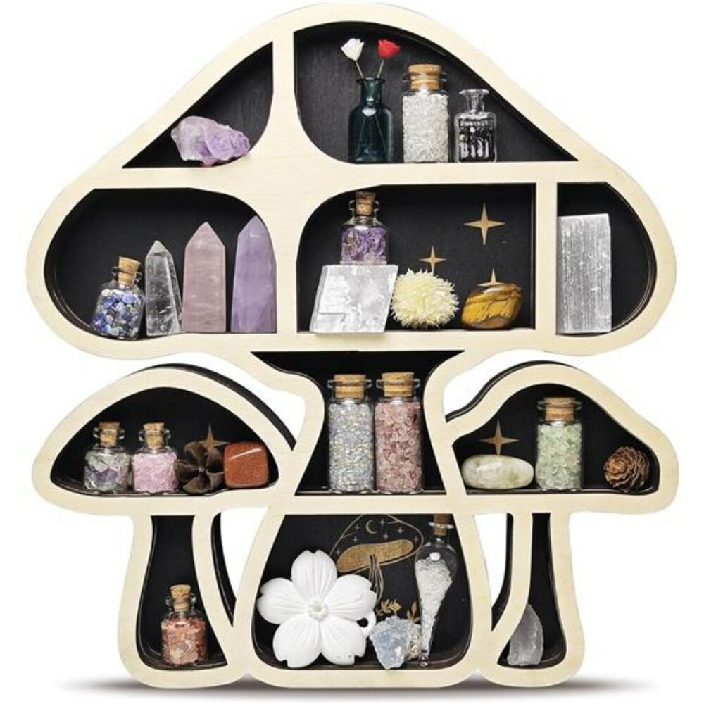 Wooden Mushroom Floating Shelf Crystal Display Wall Hanging Organizer for Decor